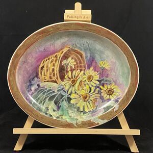 Hand Painted Sunflower Platter 14.5" x 11.5" One of a Kind Iridescent